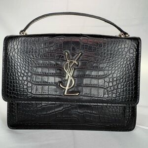 Yves Saint Laurent Black Croc-Pattern Satchel